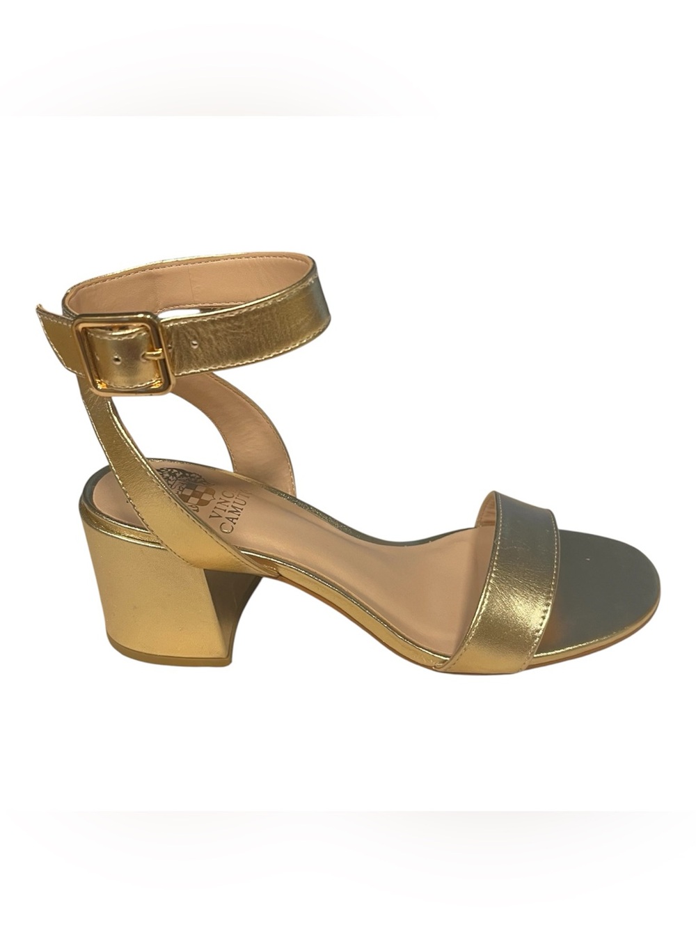 NEW Vince Camuto Gidgena Gold Women’s Sz 7.5 Leather Ankle Strap Heel Sandals